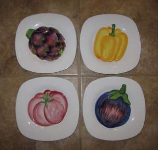 Majolica Italian Ceramic Dinner Plates Set of 4 Veggies  