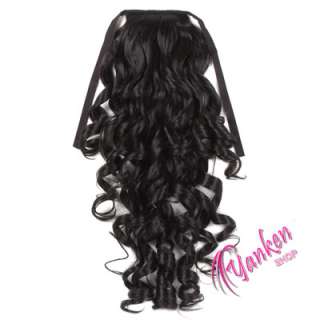Q088 Black long Curly Ponytail clip on Extension  