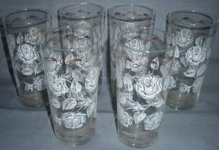 WHITE ROSES GOLD LIBBEY GLASS TUMBLERS VINTAGE BEVERAGE GLASSES 