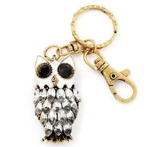   White Enamel Diamante Owl Keyring/ Bag Charm (Burn Gold Plated Metal