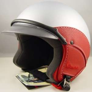 Vespa Piaggio Scooter Light Gray Helmet Soft Touch Red Leather DOT 