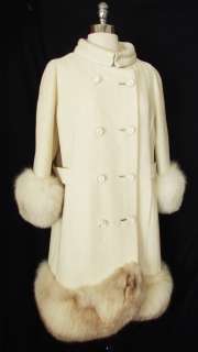 Exquisite Vtg 60s BLUE FOX Fur Trim Ivory Bouclé Wool Coat Chic Regal 