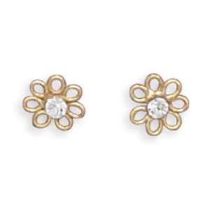  14 Karat Gold Plated Flower Stud Earrings with Clear 