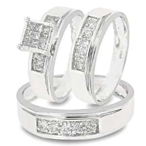  Wedding Ring Set 10K White Gold Three Ring   Ladies Engagement Ring 