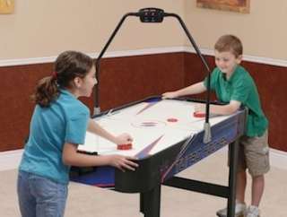 This arcade style air hockey table offers fast paced fun for kids ages 