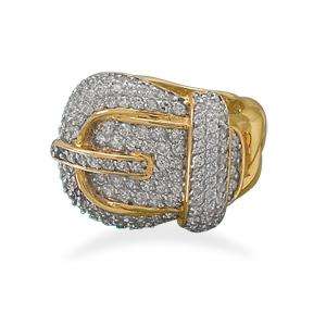 New 14 Karat Gold Plated CZ Buckle Ring 925 Sterling Silver Free USA 