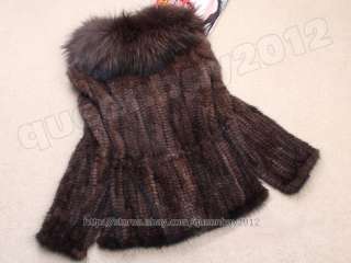 100% Real Knitted Mink Fur Coat Outwear Jacket Big Raccoon Collar 