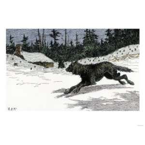  Wolf Loping Past a Log Cabin in the Snow Premium Poster 
