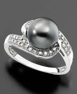   White Gold Cultured Tahitian Pearl & Diamond (1/8 ct. t.w.) Swirl Ring