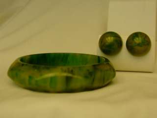 Vtg 40s Carved Bakelite Bangle Bracelet Marbled Green +  