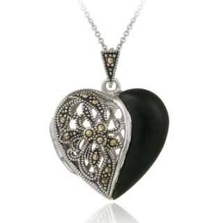 925 Silver Onyx Marcasite Heart Picture Locket Necklace  