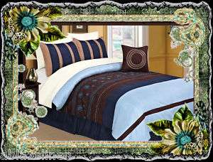 8PCs Daisy Embroidery Comforter Set w/ Sheet BLUE QUEEN  