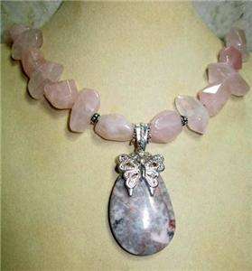   CHUNKY ROSE QUARTZ NUGGET BEADED FINE STERLING SILVER NECKLACE