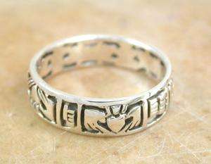 EXOTIC STERLING SILVER CELTIC CLADDAGH BAND RING sz 9  
