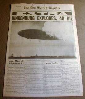 1937 newspaper AIRSHIP HINDENBURG disaster BURNS & CRASHES Lakehurst 