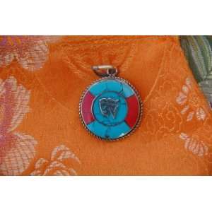   Tibetan Turquoise and Coral Om Pendant From Nepal 