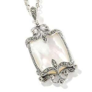  Sterling Silver Mother of Pearl & Marcasite Pendant w 