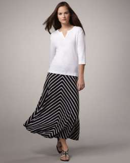 Split Neck Tee & Long Striped Skirt, Petite