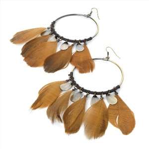 STUNNING brown cord and feather with charm hoop earrings 12cm  