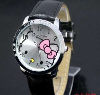 Hello Kitty Rhinestone Black PU Leather Quartz Watch  