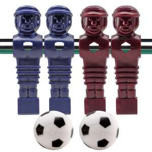  4 Blue and Red Foosball Men and 2 Soccer Balls