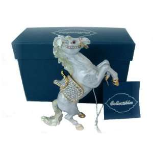 White Stallion Figurine Horse Box Swarovski Crystals 24K Gold Rearing 