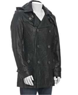 Monarchy black crinkled leather removable hood trench   up to 