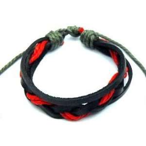   Giftware Mens Black Leather & Red Cord Surf Wristband Bracelet   0061