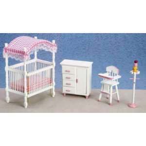  Dollhouse Miniature White and Pink Nursery Furniture Set 