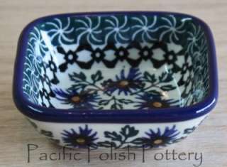 Polish Pottery Square Small Bowl Ramekin Dish GREEN Stoneware  