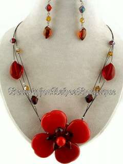 SEMI PRECIOUS STONES RED FLOWER EARRINGS NECKLACE SET  