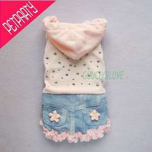 Pink Flowers For Dog Clothes Pet Denim Dress Cozy Hoodie Casual Free 