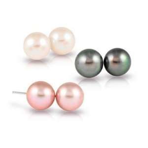   Freshwater Pink, White and Black Pearl Earring Set in 14k White Gold