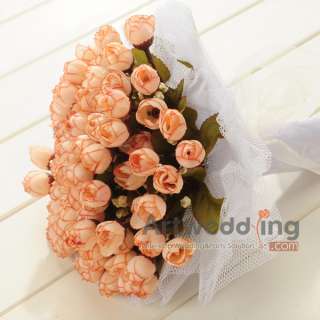 Pink Tulle Wrap Hand Tied Silk Roses Bridal Bouquet Wedding Flower 