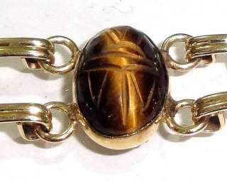   Egyptian Revival Carved Gemstone SCARAB 12K Gold Fill Bracelet  