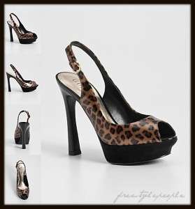   GUESS Cheetah Print AWDREE Peep Toe Slingback Pumps Shoes Heels  