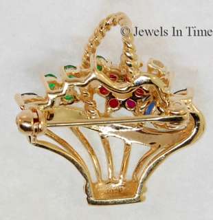 Flower Basket Pin 14k Gold Diamond & Gemstone  